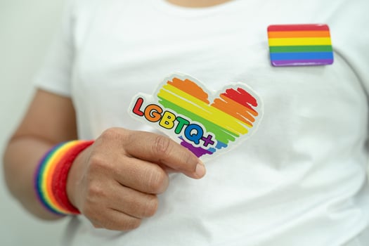 Asian lady wearing rainbow flag wristbands and hold heart, symbol of LGBT pride month celebrate annual in June social of gay, lesbian, bisexual, transgender, human rights. photo