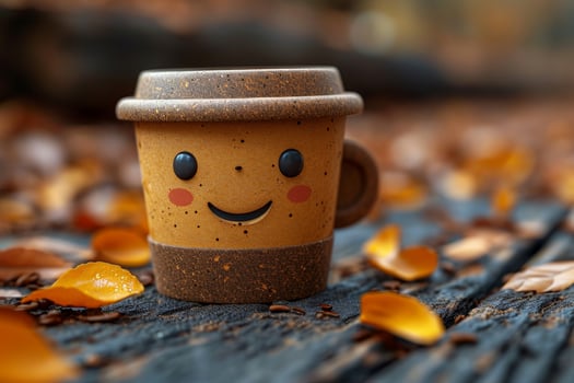 AI generated Disposable coffee cup with a smiling face on an autumn background photo