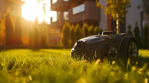 AI generated A robotic lawn mower stands on the lawn near the house at sunset photo