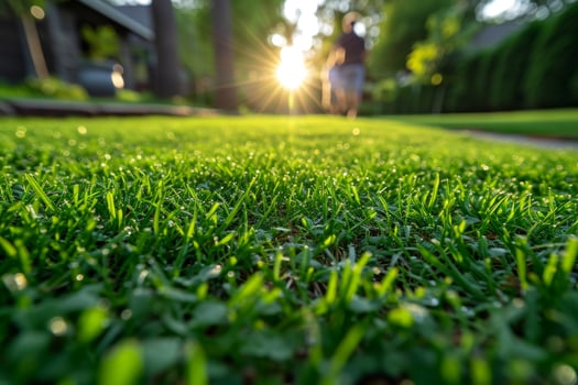 AI generated Green lawn near the house in the sunlight, beautiful summer background photo