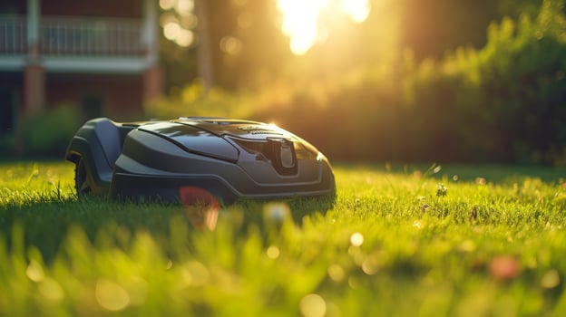 AI generated A robotic lawn mower stands on the lawn near the house at sunset photo