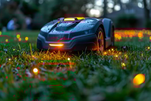 AI generated A robotic lawn mower stands on the lawn near the house after sunset photo