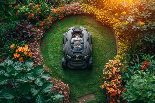 AI generated A robotic lawn mower stands on the lawn near the house at sunset photo