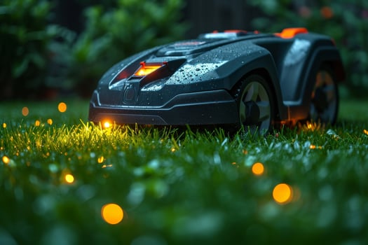 AI generated A robotic lawn mower stands on the lawn near the house after sunset photo