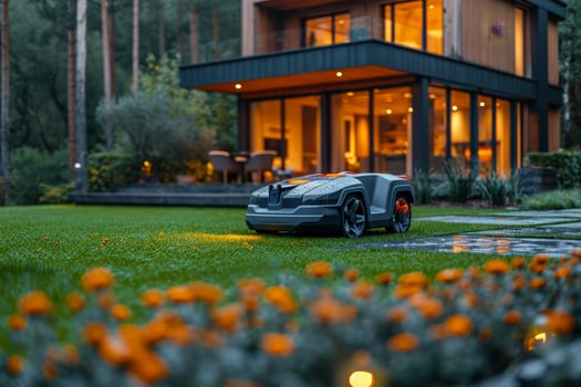 AI generated A robotic lawn mower stands on the lawn near the house after sunset photo