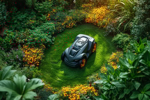 AI generated A robotic lawn mower stands on the lawn near the house at sunset photo
