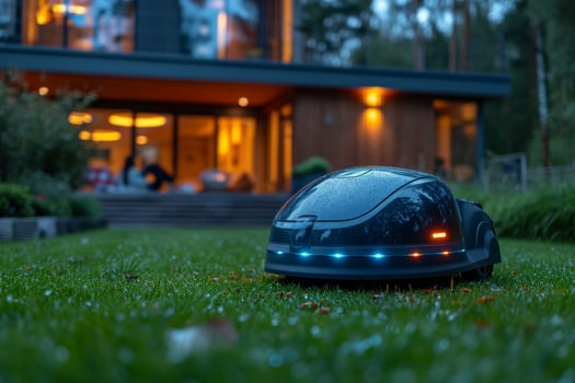 AI generated A robotic futuristic lawn mower stands on the lawn near the house at sunset photo