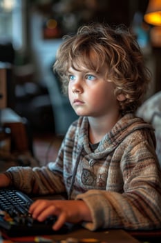 AI generated A charming streamer boy is playing a video game on a computer with a calm expression on his face photo