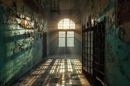 AI generated An old abandoned prison. A room with bars photo