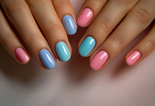 AI generated pink blue manicured hands photo
