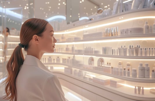 AI generated a woman in a lab setting with a cosmetics counter photo
