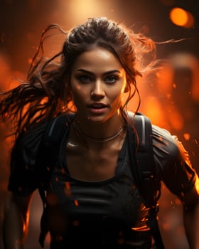 AI generated A Female Athlete Runs on a Track with Energetic Light Effects Behind. Women in Marathon. Generative Ai photo