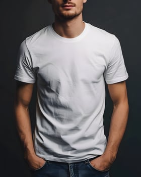 AI generated Men's White Short Sleeve Round Neck T-Shirt Mockup is useful tool for clothing designers to help visualize T-shirts before actual production Save time and money and makes it easier. photo