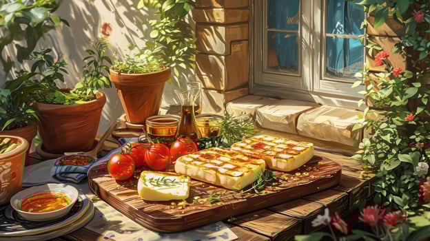 A painting of food on a table outside photo