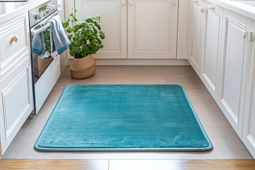 AI generated turquoise kitchen rug in the kitchen with white counters photo