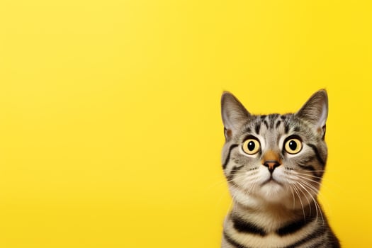 AI generated Cute, surprised cat with large, captivating eyes on yellow background. Ideal for promotions, great deals or offers. Good price, Black Friday, discount. Copy space for text. Amazed pet. photo