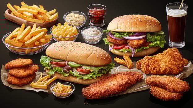 AI Generated Fast food collection set on white background. Fried chicken, fries, pizza, sandwich, chicken nuggets, eggs and bacon, shawarma, prawns. Junk food of fast food set. Closeup of fast foods. photo