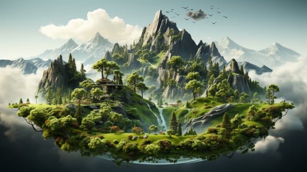 AI Generated A 3D illustration of a floating island with mountains, trees, and animals on green grass and mountains, isolated against a white background. photo