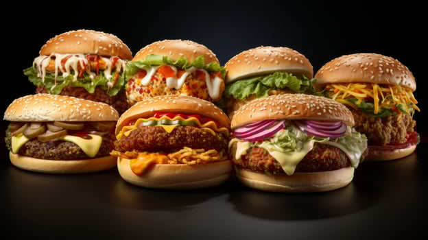 AI Generated This collection of fast food dishes is isolated on a white background. It includes burgers, meats, shawarma, sandwiches, pizzas, tacos, chicken nuggets, hotdogs, and taco shells. photo