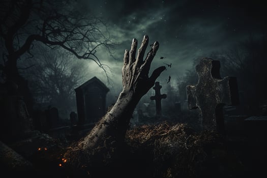 AI Generated Halloween Concept. A zombie hand rising from the ground photo
