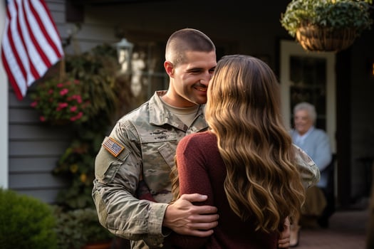 AI Generated Happy American soldier reunited with family photo