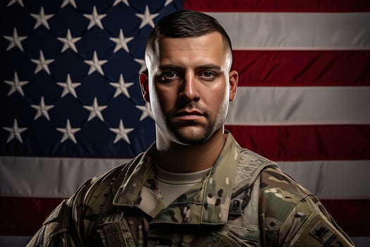 AI Generated A soldier on the background of the US flag photo