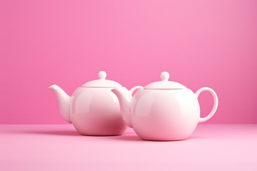 AI Generated Two white porcelain teapots lying on a pink background. photo