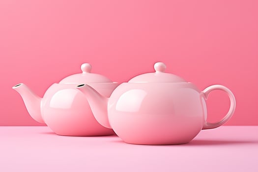 AI Generated Two white porcelain teapots lying on a pink background. photo
