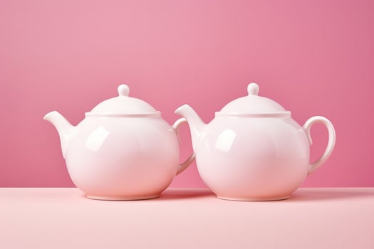AI Generated Two white porcelain teapots lying on a pink background. photo