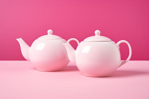 AI Generated Two white porcelain teapots lying on a pink background. photo