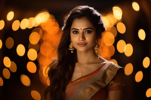 AI Generated Young beautiful Indian woman at Diwali celebration photo