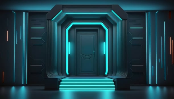 AI Generated Futuristic portal. Science fiction podium, pedestal, platform. Modern empty cyberpunk space. Technological background. Sky-fi digital hi-tech elements for presentation product. AI photo