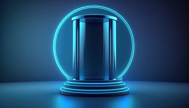 AI Generated Futuristic portal. Science fiction podium, pedestal, platform. Modern empty cyberpunk space. Technological background. Sky-fi digital hi-tech elements for presentation product. AI photo