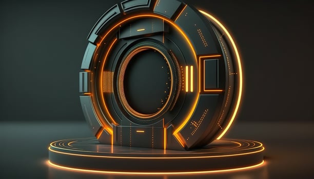 AI Generated Futuristic portal. Science fiction podium, pedestal, platform. Modern empty cyberpunk space. Technological background. Sky-fi digital hi-tech elements for presentation product. AI photo