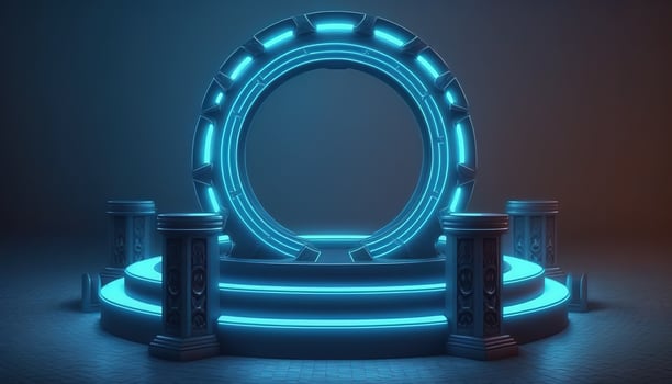 AI Generated Futuristic portal. Science fiction podium, pedestal, platform. Modern empty cyberpunk space. Technological background. Sky-fi digital hi-tech elements for presentation product. AI photo