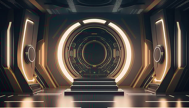 AI Generated Futuristic portal. Science fiction podium, pedestal, platform. Modern empty cyberpunk space. Technological background. Sky-fi digital hi-tech elements for presentation product. AI photo