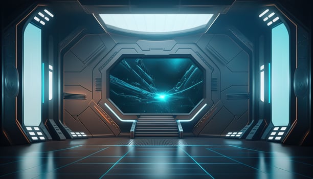 AI Generated Futuristic portal. Science fiction podium, pedestal, platform. Modern empty cyberpunk space. Technological background. Sky-fi digital hi-tech elements for presentation product. AI photo