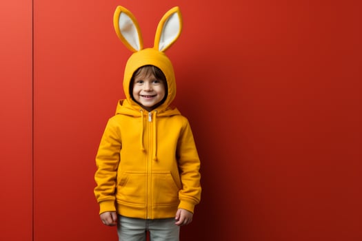 AI generated kid wearing an easter outfit wearing an easter egg photo