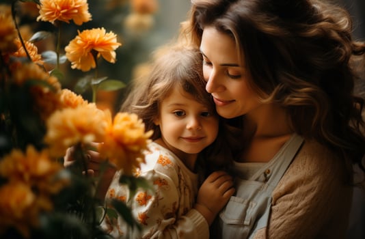 AI generated mother and daughter hugging each other around the flowers photo