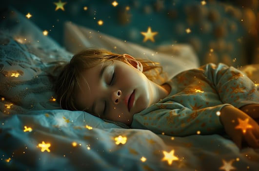 AI generated a child sleeps in a bed with stars, photo