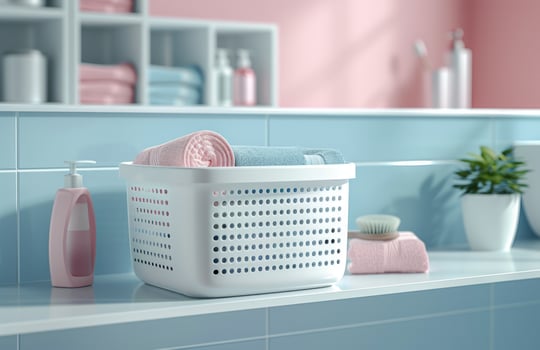 AI generated a laundry basket in bathroom with a towel and other small items photo