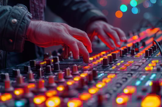 AI generated dj finger, hand and hand working on fx equipment and control photo