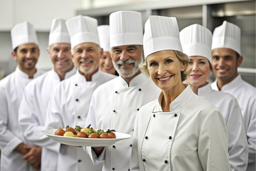 AI generated Team of chefs kitchen presenting dishes photo