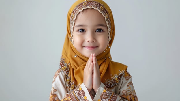 AI generated Cute muslim little asian girl greeting  with hand isolated on white background.jpg photo