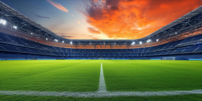 AI generated Soccer stadium with green field for football competition match. Football cup tournament photo