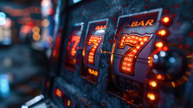 AI generated Slot Machine Displaying Lucky Sevens and Bar Symbols. photo