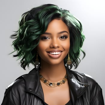 AI generated Portrait of Beautiful African American Woman with Short Curly, Black and Green Ombre Hairstyle on Gray Studio Background. Generative Ai photo