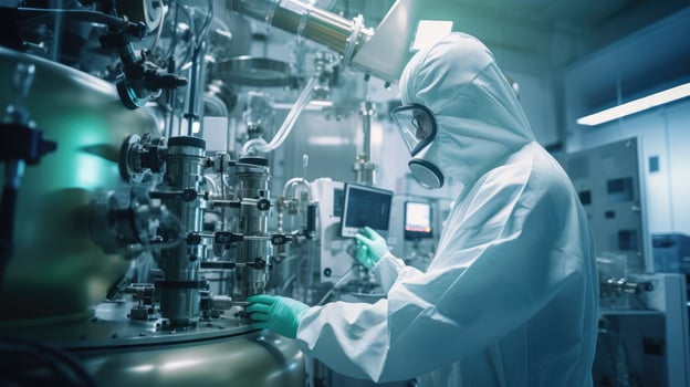AI generated A man in protective clothing diligently works on equipment, ensuring safety and efficiency, Ai Generated. photo