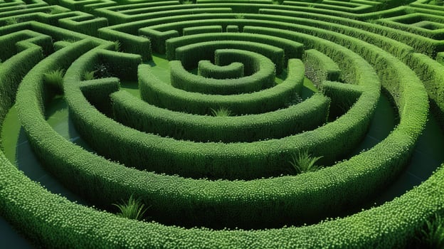 AI generated Traverse through a vibrant green maze leading to a circular center, Ai Generated. photo