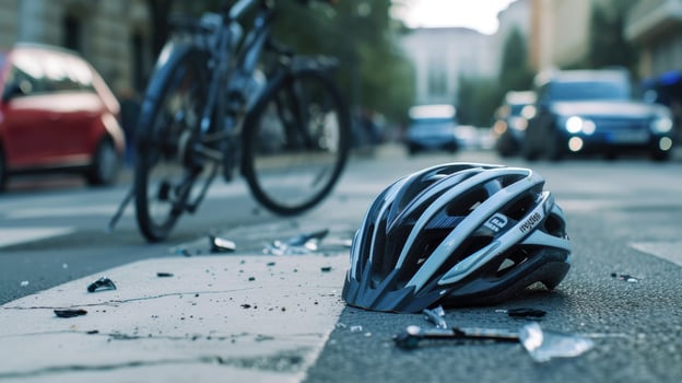 AI generated a bicycle helmet rests on pavement beside a bicycle in the city. Urban juxtaposition, Ai Generated. photo